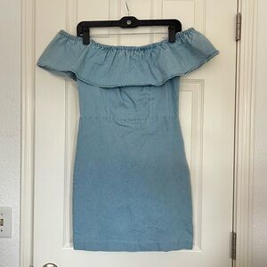 Denim Mini Dress - Off Shoulder - Ruffle Detail